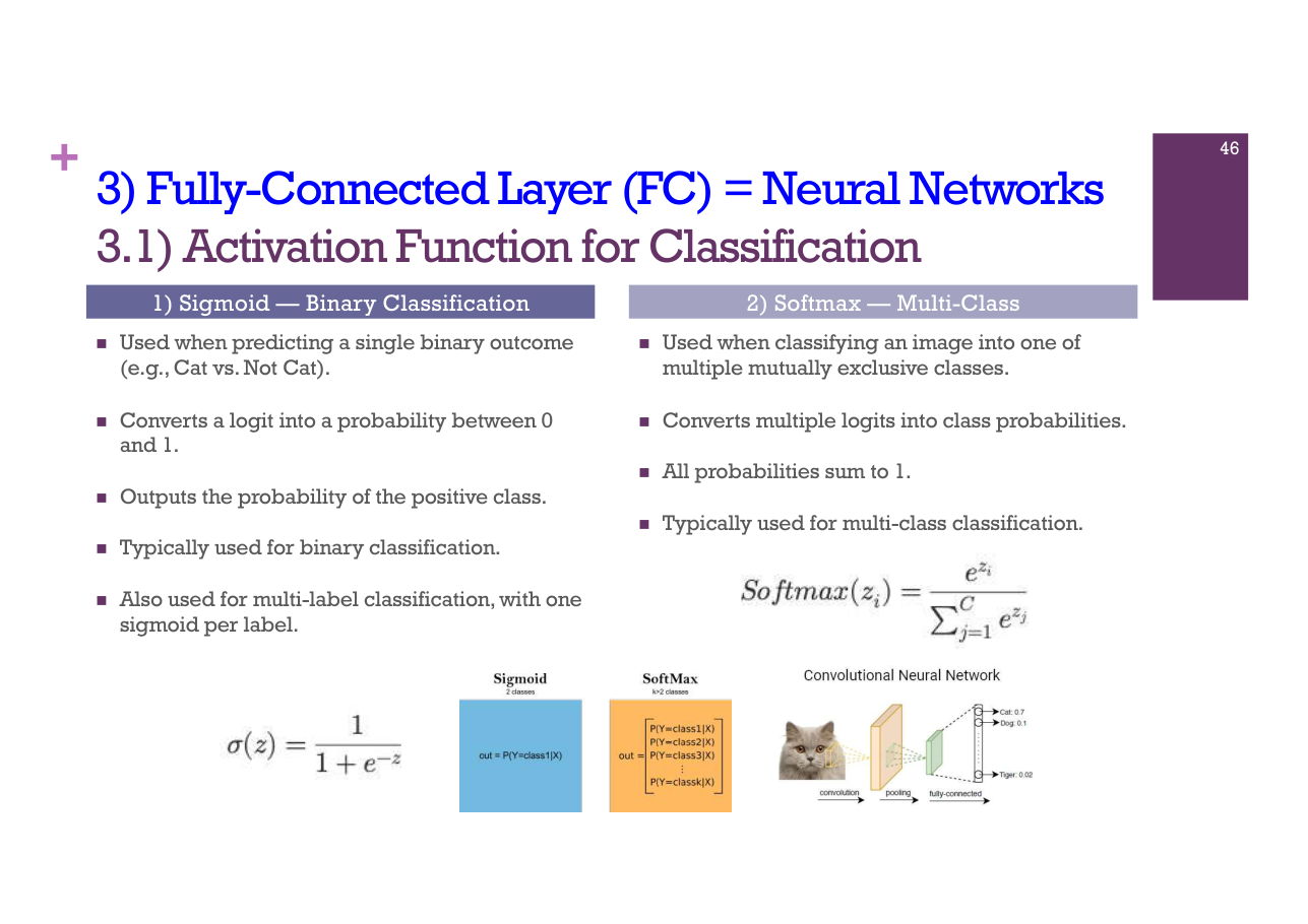 สไลด์ DL 46: Activation สำหรับ classification: Sigmoid (binary) และ Softmax (multi-class)