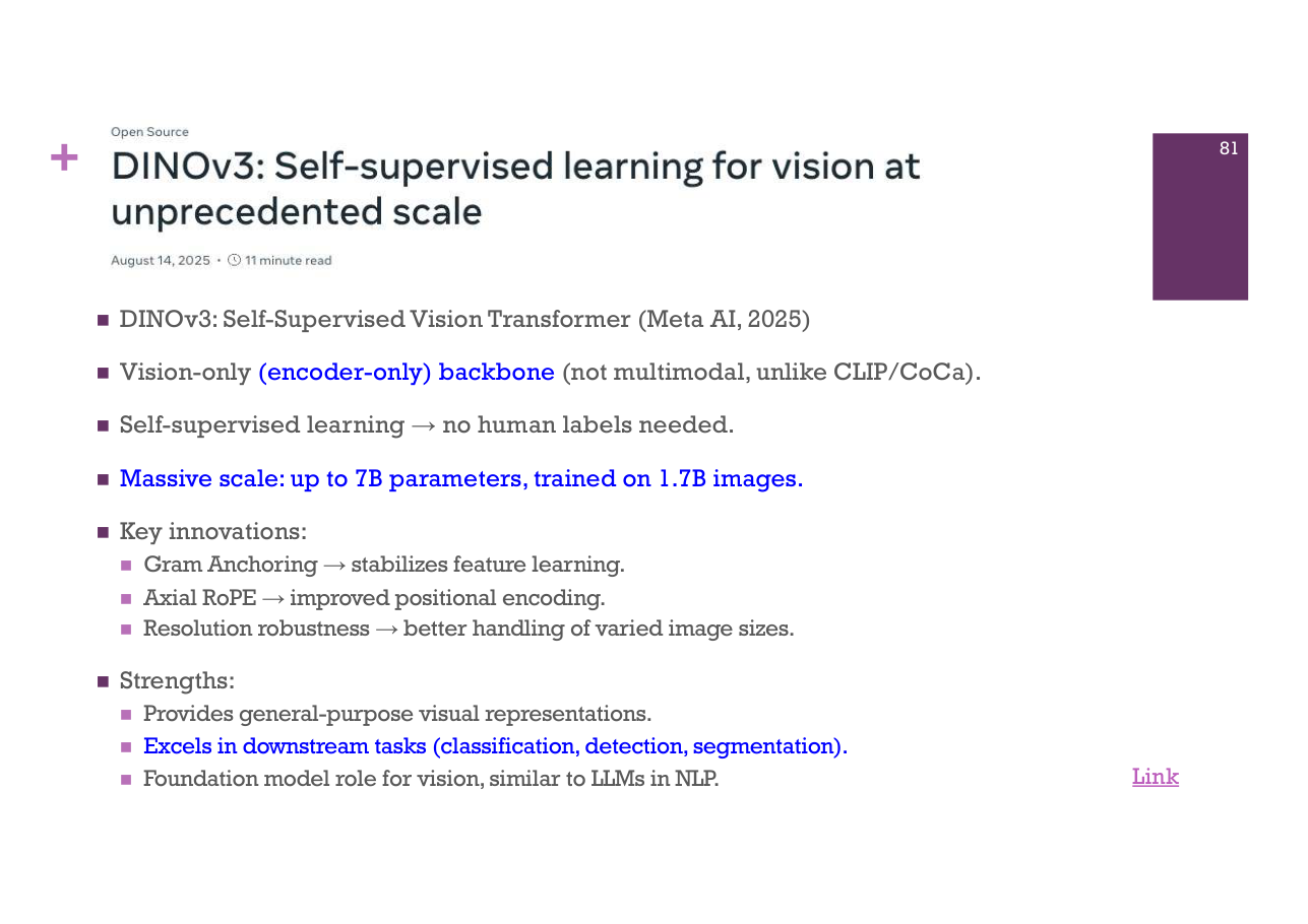 สไลด์ DL 81: DINOv3 Meta AI 2025: self-supervised ViT, up to 7B params, 1.7B images
