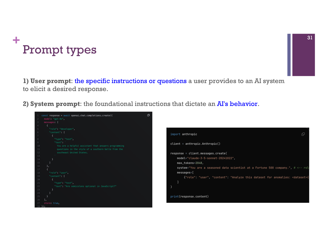สไลด์ LLM 31: Prompt types: User prompt vs System prompt